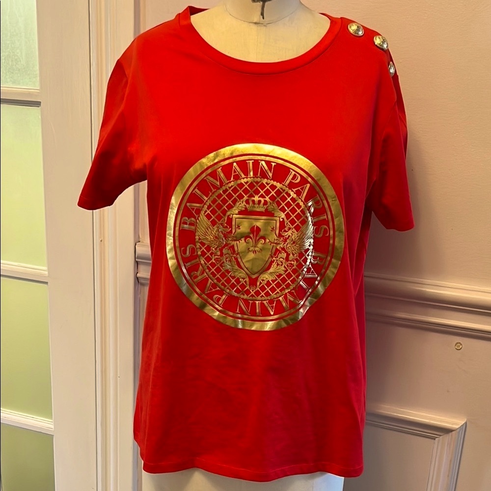 Balmain Red T-Shirt with Gold Logo